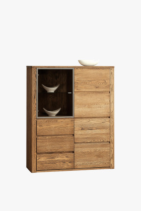 Tölgyfa üvegajtós vitrin ebédlőbe, 3 fiókos, összeszerelve